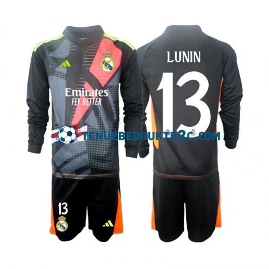 Uitshirt Real Madrid Keeper Andriy Lunin 13 Voetbalteneu Kinderen 2024-25 L-S Zwart