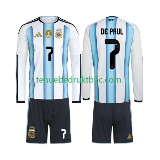 Thuisshirt Argentinië Rodrigo De Paul 7 Voetbalteneu Kinderen WK 2026 L-S