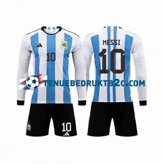 Thuisshirt Argentinië 3 Stars Lionel Messi 10 Voetbalteneu Kinderen WK 2022 L-S