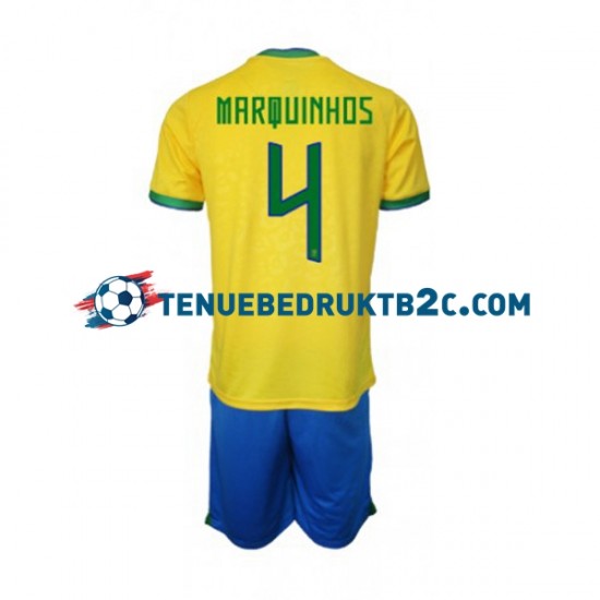 Thuisshirt Brazilië Marquinhos 4 Voetbalteneu Kinderen WK 2022 S-S